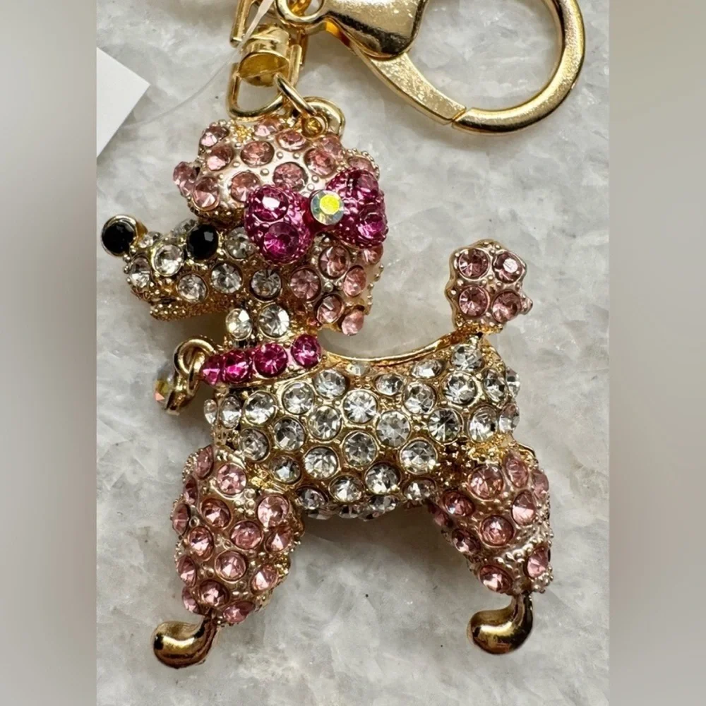 New Pink & Clear Rhinestone French Poodle Dog Gold Tone Purse Charm Keychain
